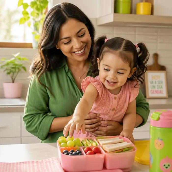 Mamá mexicana sonriendo con su hija y una lonchera colorida